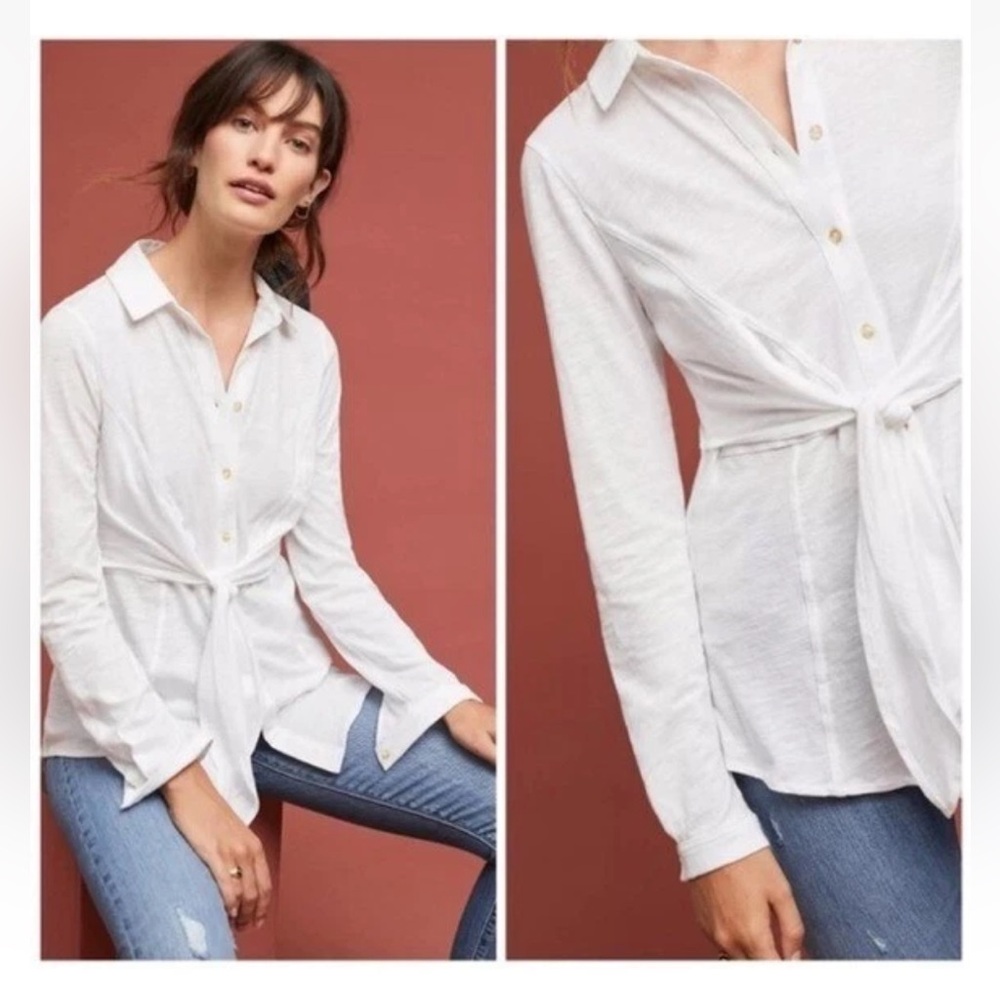 Anthropologie HD in Paris Tie Button Down Shirt in White Small